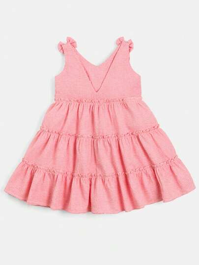 SUMWON Tween Girls Pink Gingham V-Neck Tiered Ruffle Dress With Bow Shoulder Straps Summer Midi Fit And Flare Casual Party Dress