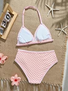 SHEIN Tween Girls Baby Pink Summer Cute Beach Holiday Bikini Swimwear,Textured Halter Triangle Top&High-Waisted Briefs Two-Piece Set,Floral Bathing Suits - Pink - View 2