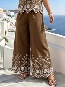 EMERY ROSE V-Neck Sleeveless Top + Wide Leg Lace Embroidered Pants 2 Pieces Set, Coffee Color - Coffee Brown - View 5