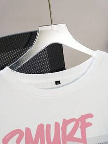 SHEIN X The Smurfs Camiseta de manga corta casual con estampado para mujer de talla grande, estampado todo sobre - Blanco - Ver 3