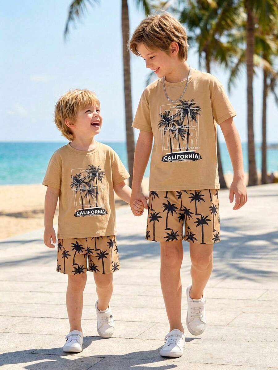 2pcs/Set Toddler Boys' Comfortable Graphic Raglan Top & Striped Shorts,Summer Beach Holiday Casual Fashionable Outfit For Spring/Summer Outdoor Play - Multicolor - View 1