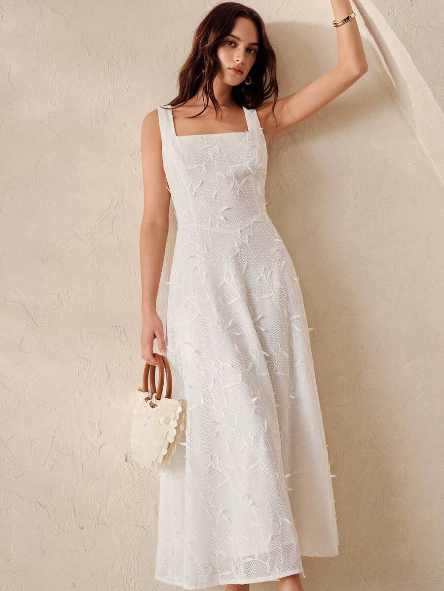 BELROSIE Đầm không tay dáng rộng màu trắng cao cấp, sang trọng, lãng mạn dành cho nữ hiệu Rosie French, với họa tiết lá 3D cắt laser, thích hợp cho các buổi hẹn hò mùa hè, kỳ nghỉ, đám cưới và mặc hàng ngày. - trắng - Xem 1