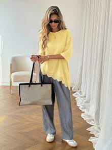 SHEIN Tall CURVE Plus Size Solid Color Minimalist Short Sleeve T-Shirt - Pale Yellow - View 6