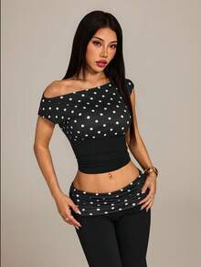 SHEIN PETITE Áo croptop nữ kiểu retro thanh lịch họa tiết chấm bi, cổ áo bất đối xứng, ôm sát, thích hợp cho mùa hè. - màu đen - Xem 6