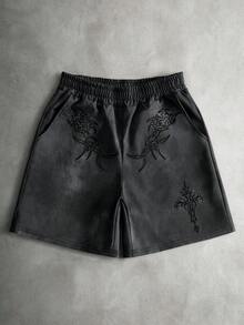 Manfinity Roghcode 男士街头风黑色刺绣短裤，暗黑元素，3D刺绣，适合休闲外出、朋友聚会、送给男友/老公的礼物、周年纪念礼物 - 黑色 - 查看 7