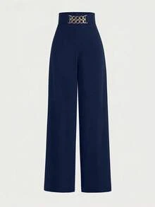 Franclia Pantalones de pierna ancha con cintura alta, decoración de botones y cintura elástica, pantalones casuales para mujer - azul real - Ver 4