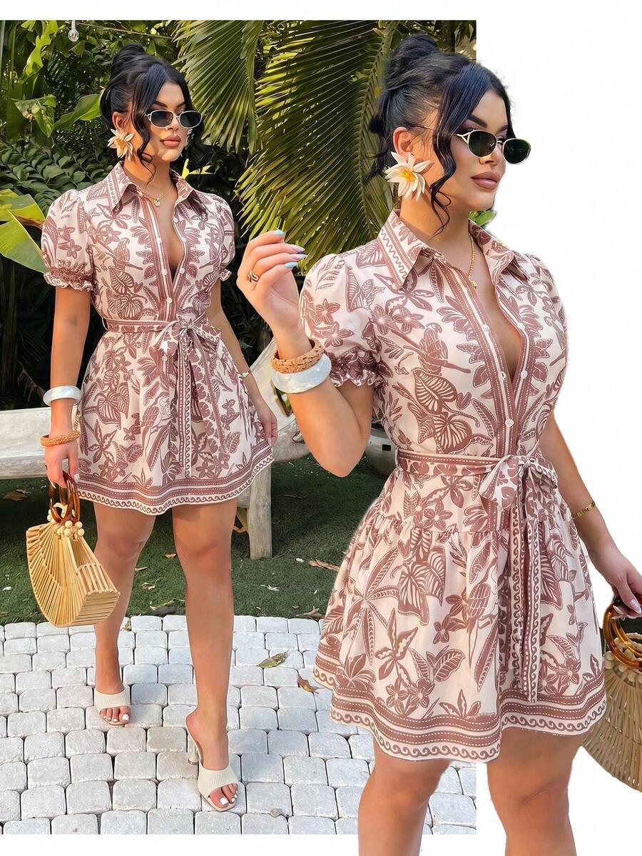 SHEIN SXY Đầm chữ A in họa tiết nhiệt đới phong cách bohemian thường ngày cho kỳ nghỉ - Nhiều màu - Xem 1