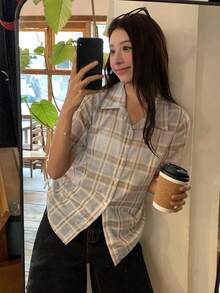 DAZY Áo sơ mi nữ tay ngắn cổ bẻ kẻ caro dáng suông, có dây rút, thích hợp cho mùa xuân/hè. - Màu xanh nhạt - Xem 7