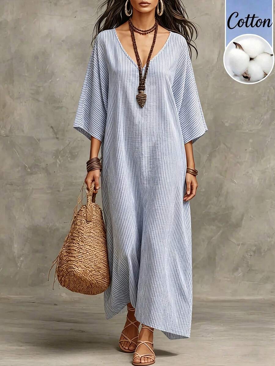SHEIN Holidaya Đầm vải lanh cotton kẻ sọc thanh lịch, kiểu dáng thường ngày dành cho nữ, thích hợp cho kỳ nghỉ. - Xanh và trắng - Xem 1