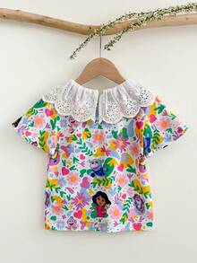 DORA | SHEIN Young Girl Allover Print & Embroidered Casual Everyday Short Sleeve T-Shirt - White - View 2