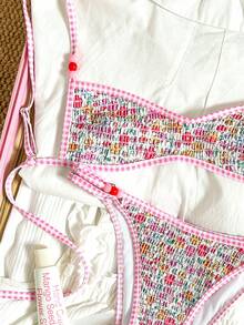 Swim Mod 女士泳衣套装，甜美风格，适合夏季海滩，多功能两件套，粉色系列比基尼套装，整体修身设计，可调节后背设计，甜美碎花搭配粉色格纹印花饰边，串珠配饰，动感可爱，适合海滩度假 - 彩色 - 查看 5