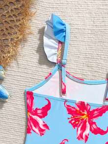 SHEIN Young Girl Floral Print Ruffled One-Piece Swimsuit And Sarong Skirt Set, Summer Beach Vacation - Blue - View 5
