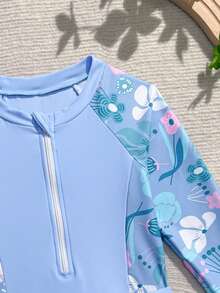 Young Girls Round Neck Raglan Sleeve Half-Zip One-Piece Swimsuit - Blue - View 3