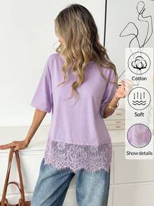 Easowa Black Short Sleeve Round Neck Lace Hem Loose T-Shirt For Women - Mauve Purple - View 4