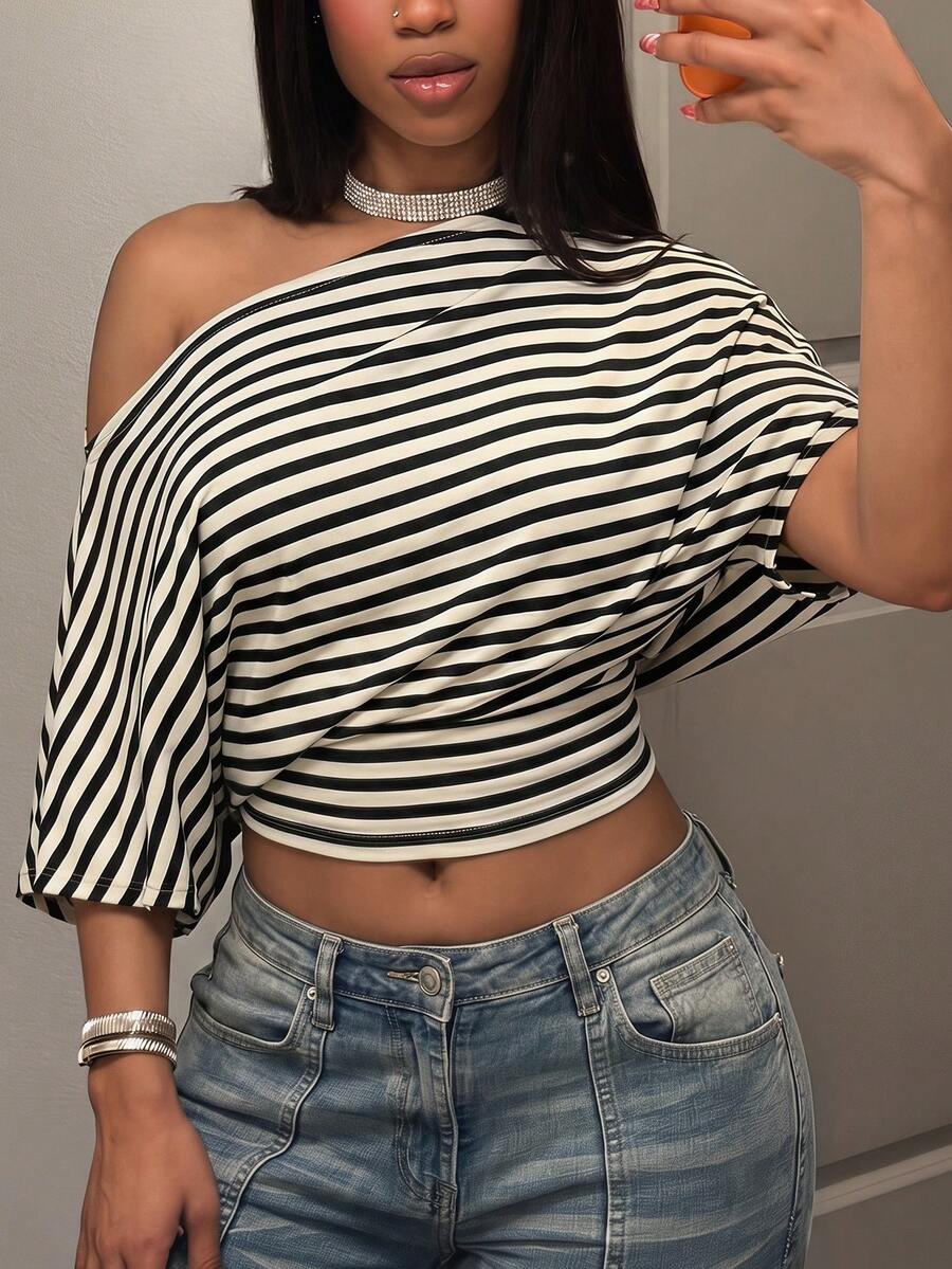 Slaydiva Camiseta holgada de mujer con hombro asimétrico y rayas, de estilo casual de verano