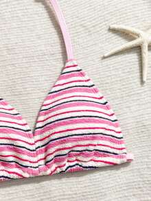 3pcs/Set Tween Girls Striped Bikini Set With Shawl, Fashionable Elegant Swimwear Suitable For Swimming, Summer Vacation, Beach, Pool, Holiday Party - Multicolor - View 3