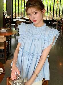 Tideelle 韓式甜美荷葉邊飾短袖女版上衣，夏季寬鬆腰線娃娃衫，顯年輕荷葉邊下擺無袖上衣套裝，女款夏季野餐休閒穿搭 S3433 女裝日常休閒度假郵輪旅行海灘上衣，青少年女版上衣，夏季新品海灘曬陽光生日派對女款藍色上衣，荷葉邊袖上衣，女孩無袖上衣，女款上衣，藍色荷葉邊上衣 - 藍色 - 查看 4