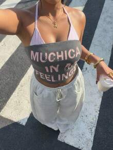 Muchica 春夏新款休闲多功能吊带背心，适合外出、日常穿着、派对、音乐节、返校、毕业典礼、海滩度假、街头风、居家休闲、逛街、城市漫步等场合，可单穿或叠穿。粉色条纹无肩带设计，拼接字母印花，弹力针织面料，罗纹针织胸衣，二合一设计，灰粉色，大码吊带背心。 - 彩色 - 查看 1