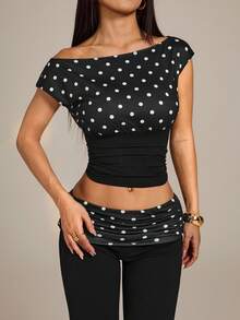 SHEIN PETITE Áo croptop nữ kiểu retro thanh lịch họa tiết chấm bi, cổ áo bất đối xứng, ôm sát, thích hợp cho mùa hè. - màu đen - Xem 5