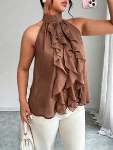 Elenzga Plus Size Women's Elegant Round Neck Ruffle Hem Blouse, Spring/Summer - Brown - View 6