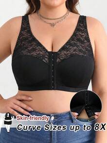 SHEIN CURVE+ Plus Size Women Lace Patchwork Front Closure Casual Everyday Shaping Top - Black - View 1