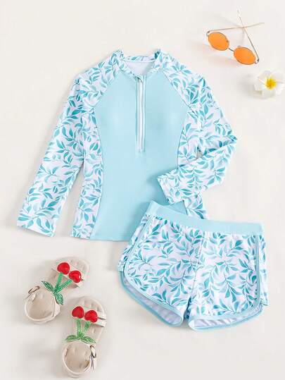 Tween Girl 树叶印花前拉链防晒衣 夏日海滩