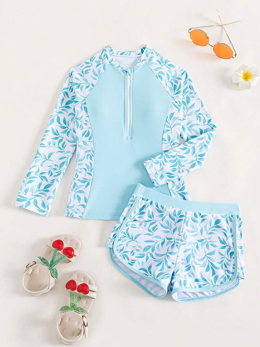 Camiseta protectora con estampado de hojas y cremallera frontal para niña preadolescente, para verano y playa - Azul y blanco - Ver 1