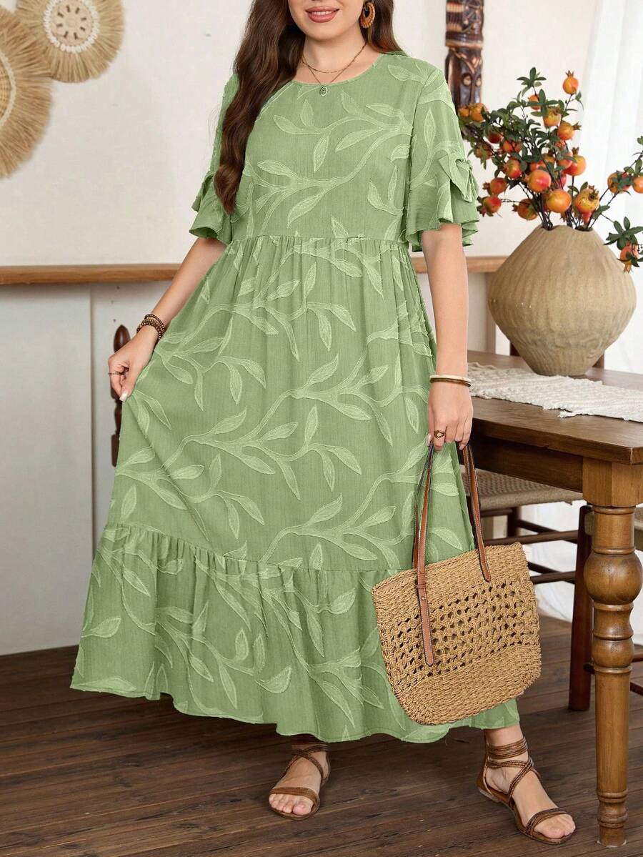 Lacomfia Gaun Lengan Pendek Minimalis Elegan Wanita Warna Hijau dengan Motif Alam dan Hiasan Pita di Manset - Hijau - View 1