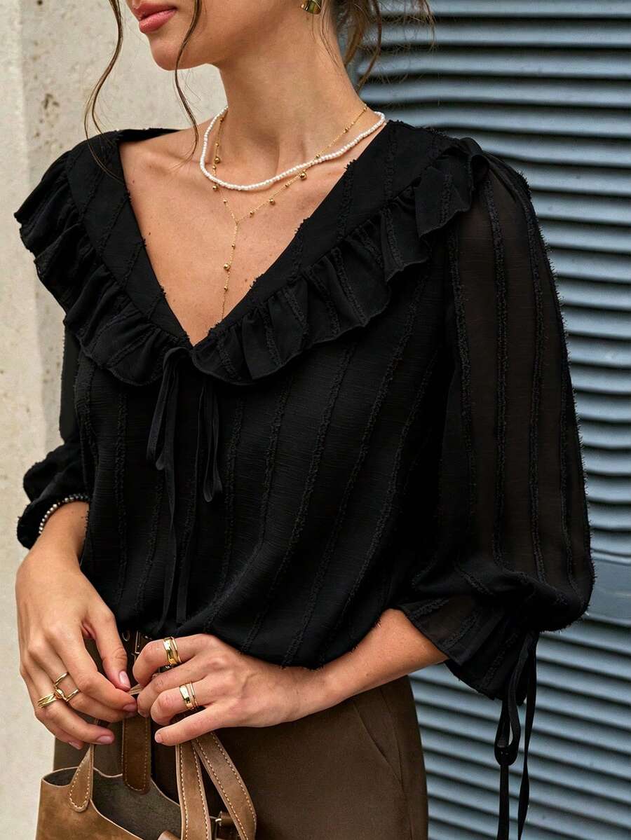 Sundraya Women's Spring/Summer New Arrival French Romantic Ruffle V-Neck 3/4 Sleeve Loose Blouse - Black - View 1