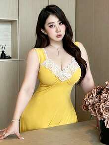 Vibekara Đầm cỡ lớn cổ kim cương, tay áo xếp ly tương phản. - Màu vàng - Xem 4