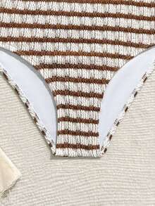 SHEIN Teen Girl Brown And White Striped Textured Halter Triangle Cup Bathing Suit,Tummy Control Two Pieces Swimwear Single Top Summer Beach Vacation Holiday - Coffee Brown - View 4