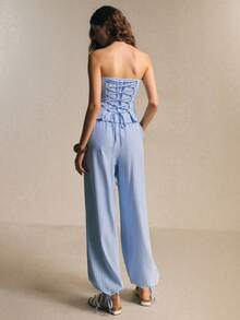 Poéselle 女士两件套服装，蓝色条纹无肩带上衣套装，女士度假服装，夏季服装。 - 藍白色 - 查看 2