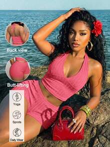 Slaydiva Bộ đồ hai mảnh nữ mùa xuân/hè 2026 mới, kiểu dáng cơ bản, ôm sát, màu đỏ, cổ chữ V, áo tank top và quần short ngắn. Thích hợp cho mặc hàng ngày, dự tiệc, đi học, hẹn hò, trà chiều, du lịch, ngày Valentine, ăn sáng muộn, trang phục sân bay, phong cách thường ngày, thể thao, trang phục dự đám cưới, đồ mặc nhà. - Màu Hồng  San hô - Xem 16