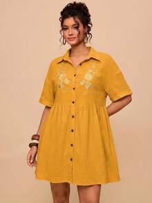 Travachic Plus Size Casual Cotton Floral Embroidered Black Shirt Collar Batwing Sleeve Patchwork Dress - Yellow - View 1