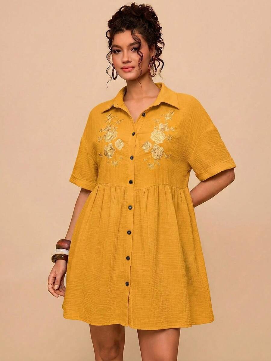 Travachic Plus Size Casual Cotton Floral Embroidered Black Shirt Collar Batwing Sleeve Patchwork Dress - Yellow - View 1
