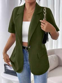 Vionelle Áo blazer tay ngắn tối giản màu trơn kiểu Pháp cỡ lớn - Màu xanh Ô liu - Xem 4