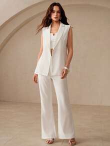 BELROSIE Rosie White Summer Elegant Sexy Formal Golf Minimalist Commuting Sleeveless Lapel Blazer With Decorative Waist Belt And Fitted Flare Leg Pants Set - White - View 3