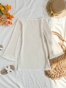Travachic KIDS Tween Girl Solid Color Long Sleeve Cover-Up Dress, Light Apricot Color Suitable For Summer Beach Vacation - Beige - View 2