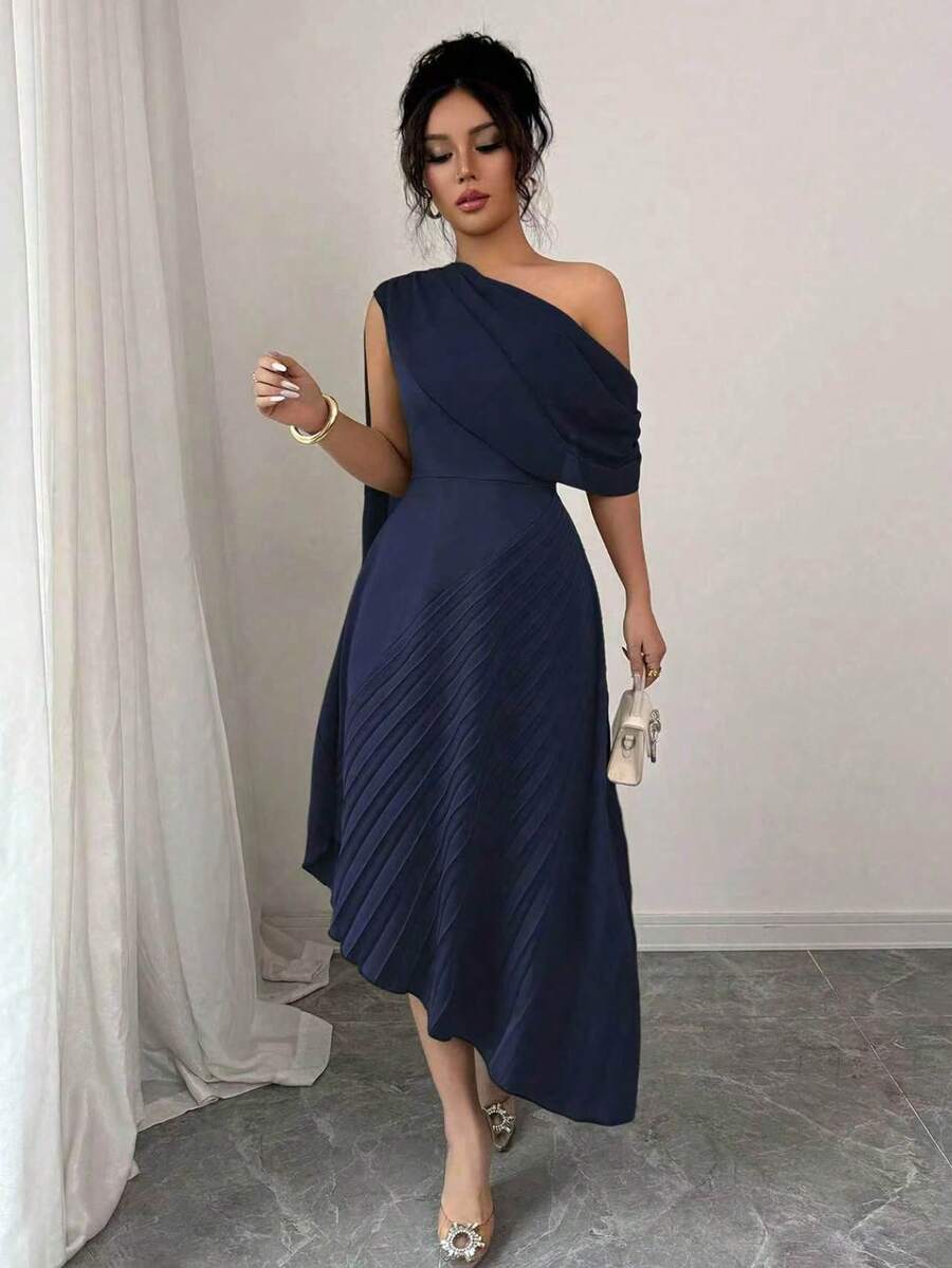 Selianne Váy xếp ly một bên vai bằng vải voan thanh lịch dành cho nữ, trang phục dự tiệc mùa xuân/hè cho trường đại học - Màu xanh hải quân - Xem 1