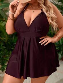 SHEIN CURVE+ 大码纯色吊带泳衣套装 - 紫色 - 查看 3