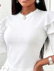 EMERY ROSE Women's Elegant Solid Color Ruffle Hem T-Shirt, Summer - White - View 5