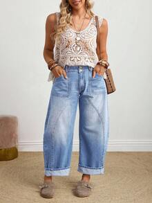 SHEIN CURVE+ Plus Size Casual Washed Bootcut Jeans - Blue - View 6