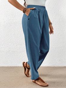 EMERY ROSE Plus Size Women Solid Color Casual Pocket Pants, Versatile Daily Wear Fall - Dusty Blue - View 8