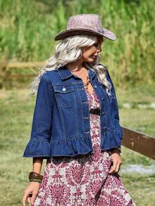 EMERY ROSE Women's 3/4 Sleeve Flare Cuff Single-Breasted Ruffle Hem Denim Jacket - Medium Wash - View 4