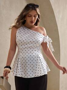 Elegantrix Blusa evasé con hombros asimétricos, lazo en la cintura y lunares, elegante estilo francés para mujer de talla grande, para primavera/verano - Multicolor - Ver 6