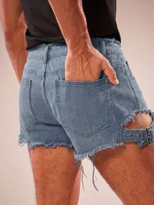 FeverCity Quần short denim nam mùa hè, phong cách thường ngày, thời trang đường phố, rách tua rua, có chi tiết khóa cài. - Màu xanh lam - Xem 2
