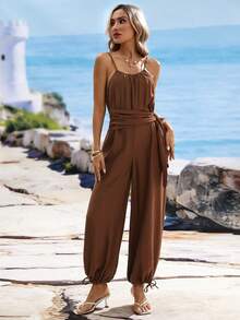 SHEIN Holidaya Women's Solid Color Casual Tropical Everyday Beach Vacation Jumpsuit Brown Summer - Brown - View 4