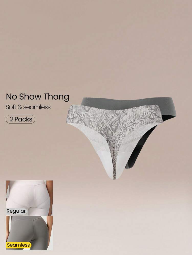 2 Packs Lightweight Breathable Sweat-Wicking Low-Waist Seamless No-Show Thong Underwear Daily Workout