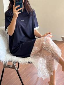 DAZY Women's Elegant Contrast Color Lace Patchwork Loose T-Shirt Nightgown Dress, Casual Home Wear For Summer Pajamas - Navy Blue - View 5