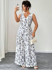Elenzga Bộ đồ nữ cỡ lớn thanh lịch, tối giản, cổ chữ V không tay, có túi giả, dáng suông, kết hợp áo khoác ôm eo và quần ống rộng xếp ly cạp cao, họa tiết hoa, màu be, thích hợp mặc đi làm, mùa hè. - Màu be - Xem 4